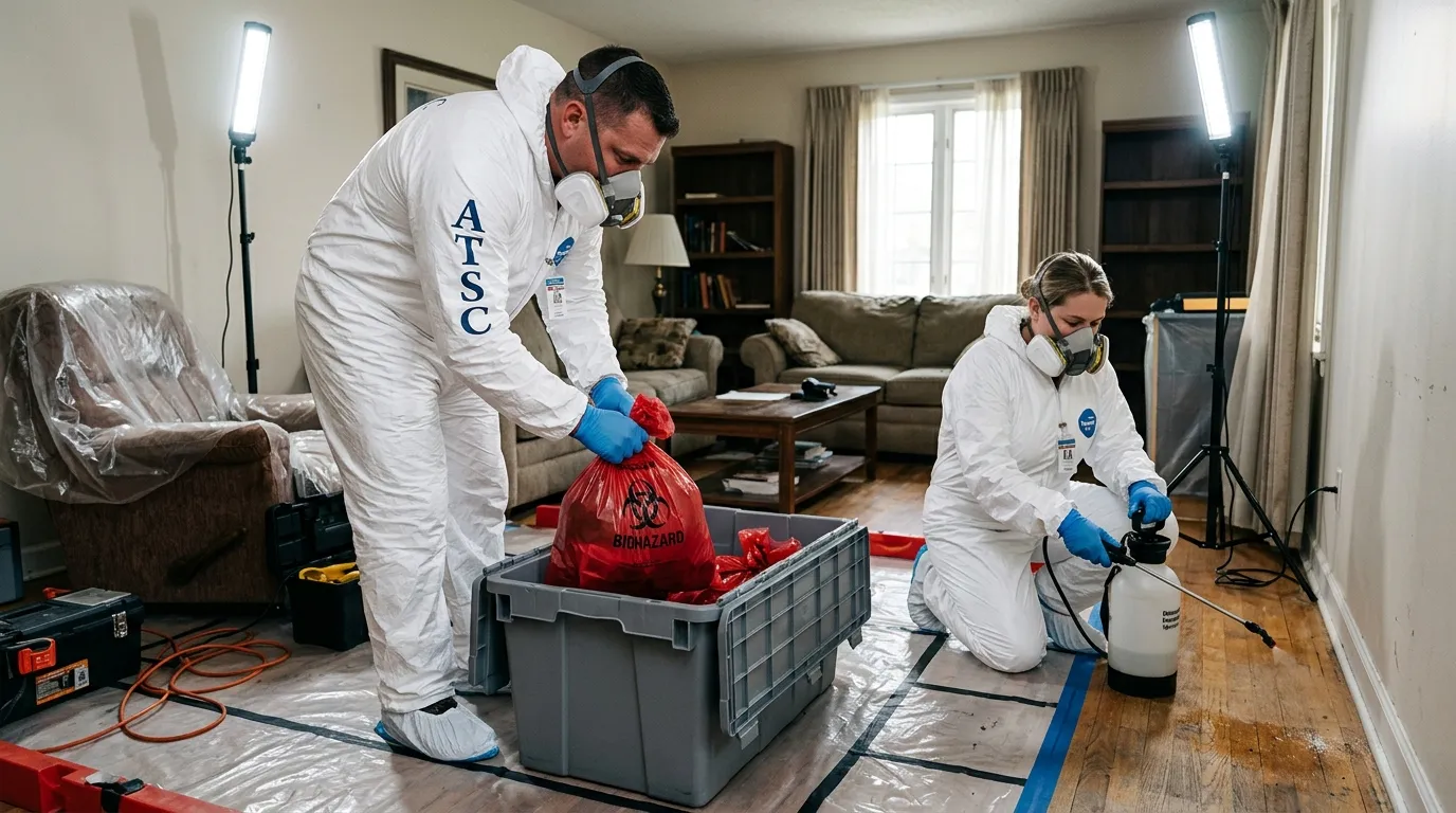 Professional Biohazard Cleanup technician in full PPE working in Mascoutah